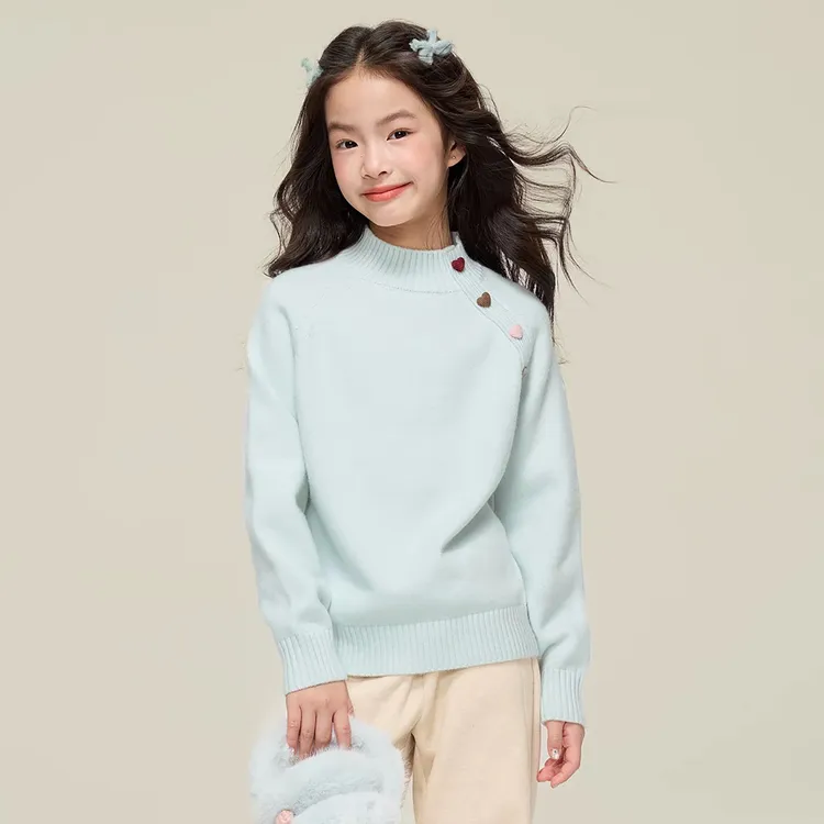 女童秋冬新款甜美彩色爱心纽扣毛衣中大童女孩半高领针织衫9-15岁