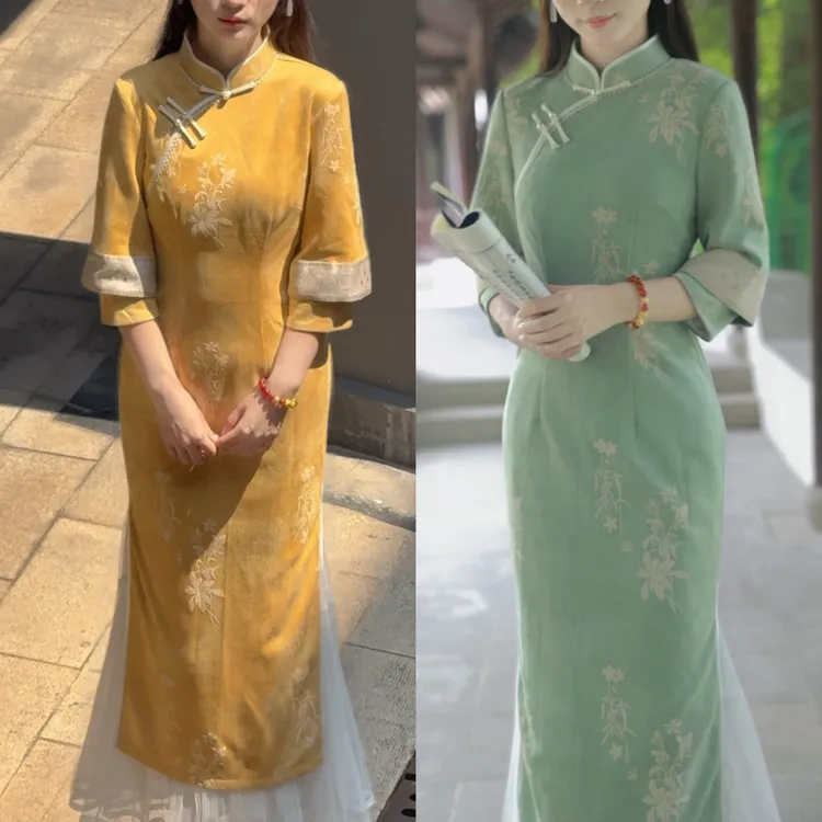俏娘鱼黄色素雅新中式改良倒大袖旗袍女2025秋新款日常可穿年轻款