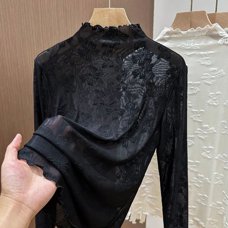 黑色木耳边蕾丝薄款打底衫女2025新款秋冬长袖半高领洋气内搭上衣