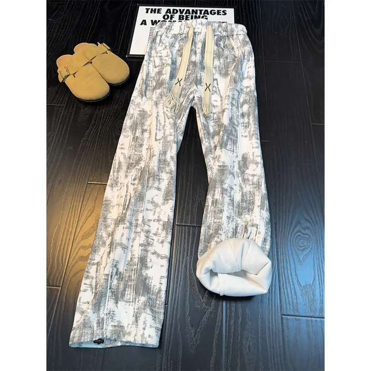美式复古扎染加绒裤子男春秋季潮牌休闲百搭垂感宽松保暖直筒长裤