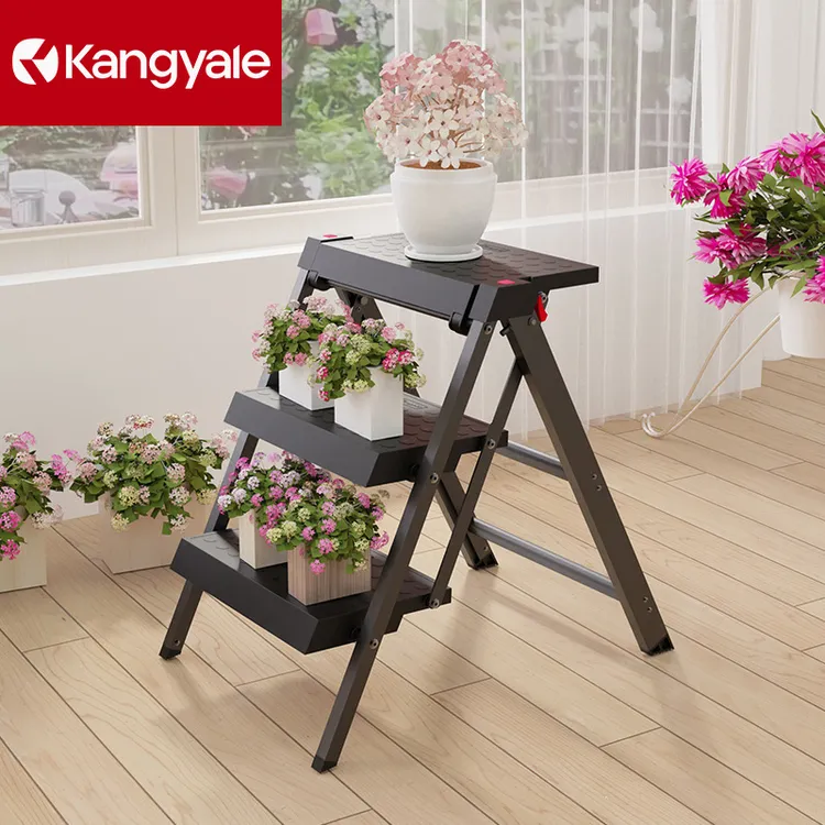 康雅乐多功能折叠梯小型便携三步梯子加厚铝合金室内黑色伸缩楼梯