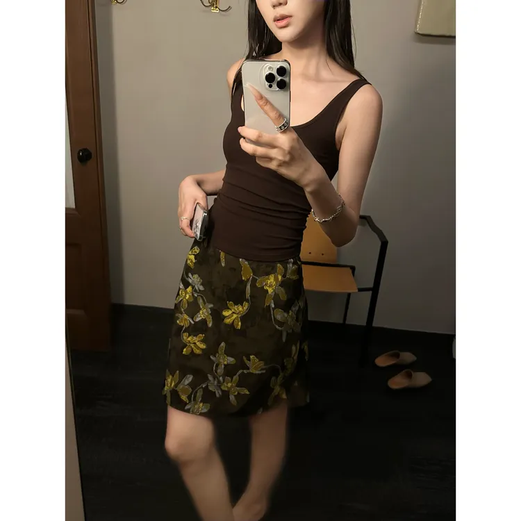 5werkwen 复古油画 立体浮雕印花裙子A字显瘦半身裙35-08