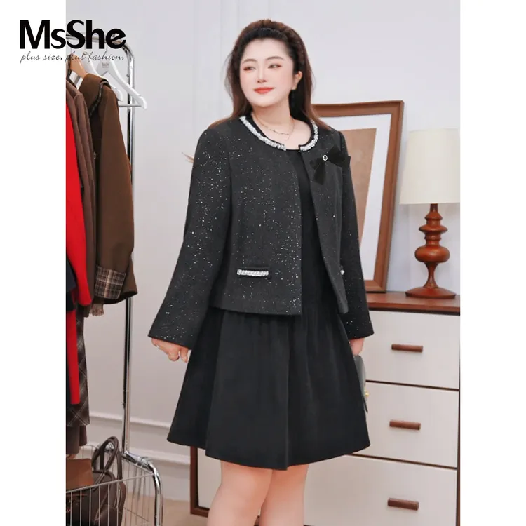 【夹棉加厚小香风裙套装】MsShe冬钉珠毛呢外套无袖连衣裙F2511012
