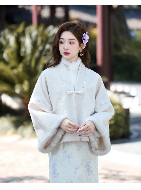 新中国风保暖水貂绒外套配旗袍外搭斗篷2025秋冬气质素雅日常可穿