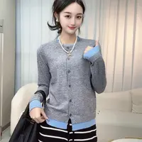95%羊毛5%羊绒假两件拼色显瘦开衫外套洋气针织圆领上衣
