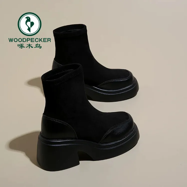啄木鸟马丁靴女2025秋冬新款增高厚底复古短靴加绒粗跟弹力瘦瘦靴