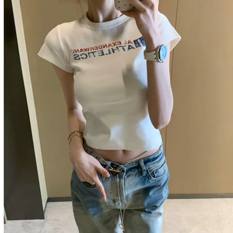 桐森 复古新款正肩T恤字母印花短袖美式辣妹夏季显瘦修身短款上衣