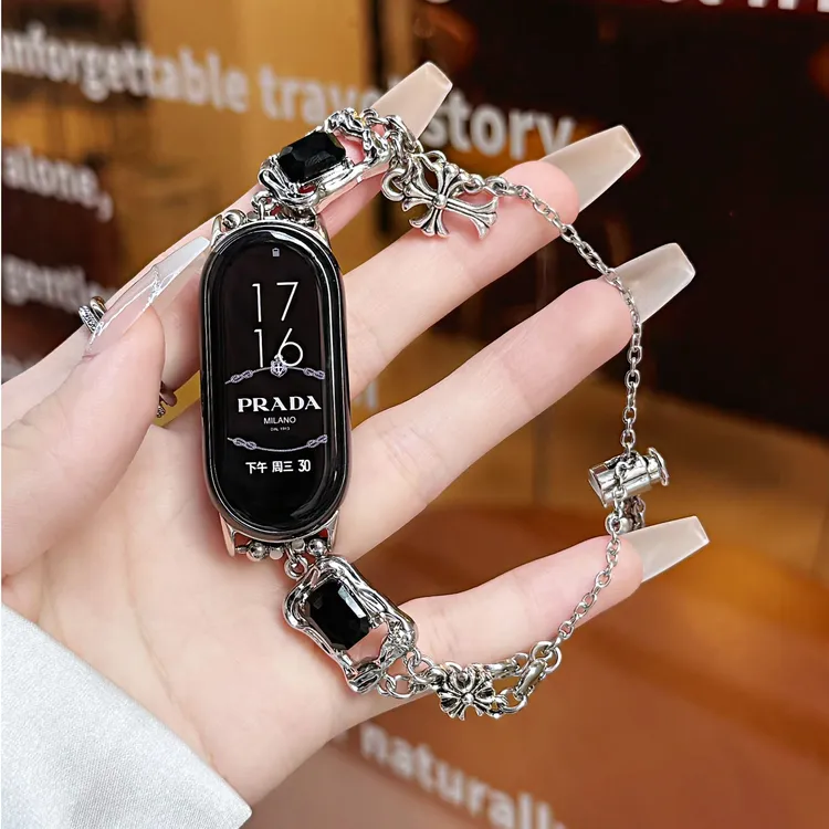 适用华为gt5手表带watch4pro克罗心闪耀锆石链式腕带fit3小米手环