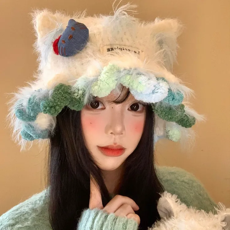 可爱Kitty猫耳朵毛绒针织帽女秋冬季显脸小毛线帽大头围保暖帽子