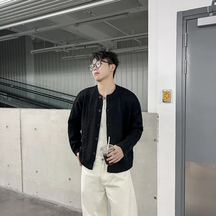 美式复古休闲开衫针织衫男女情侣慵懒风麻花毛衣简约宽松圆领外套