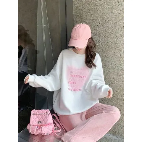 无帽圆领卫衣女2025新款秋冬季加绒款设计感韩版宽松减龄长袖上衣