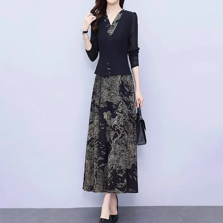 【衣雅严选】8124-1274#早春新款弹力丝缎拼接假两件气质款连衣裙