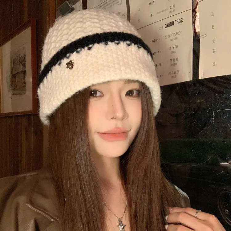 CKZUI毛线帽大头围护耳针织帽女显脸小水桶帽子冬加厚保暖渔夫帽