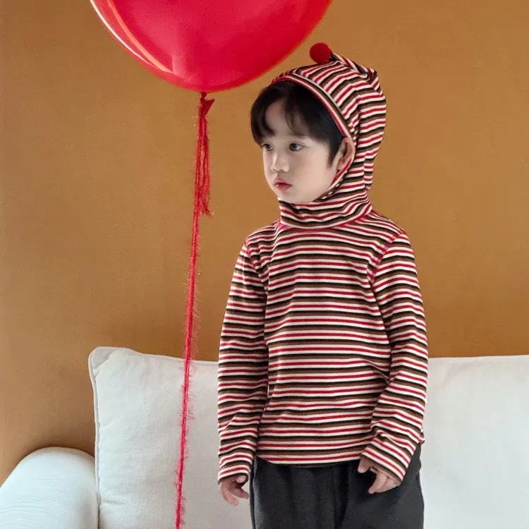 bi8bo2025深秋冬款儿童上衣男女童韩版修身条纹连帽打底衫31675