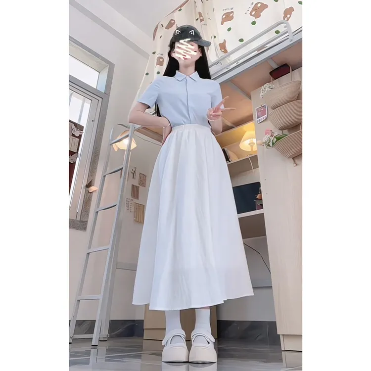 2025夏季新款女韩系穿搭修身翻领短袖衬衫气质高腰显瘦A字半身裙