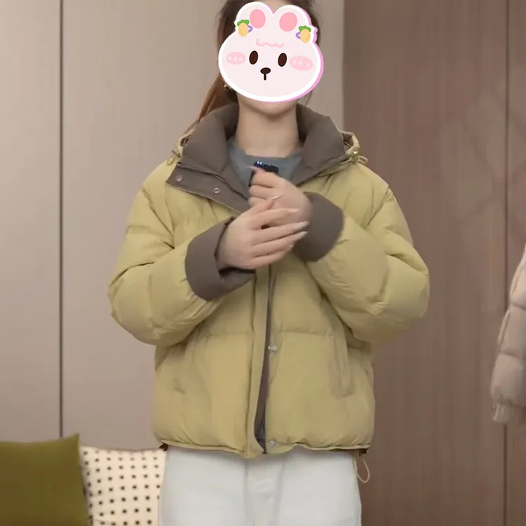 2025冬季新款设计感撞色拼接棉服女韩系连帽简约百搭通勤休闲棉衣