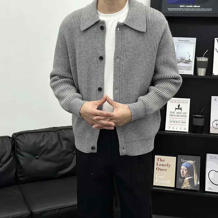 2025上新秋冬季韩系慵懒风翻领针织开衫男灰色坑条肌理毛衣外套