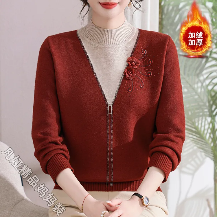 时尚妈妈装秋冬季拼色减龄上衣时尚洋气毛衣中老年女加绒保暖打底