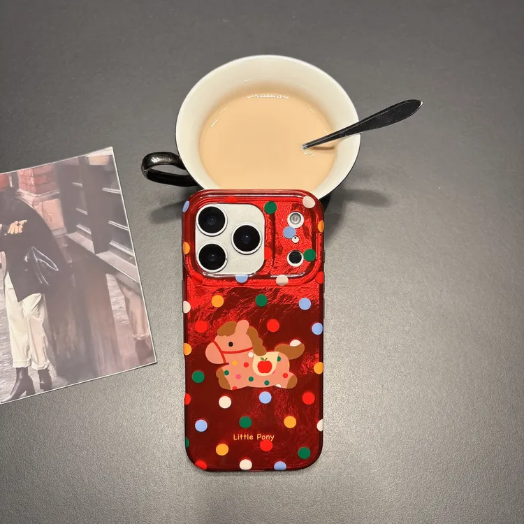 适用iPhone17Promax锡纸双层ins红底彩色波点新年小马苹果手机壳