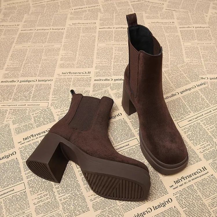 真皮粗高跟切尔西短靴女2025秋冬新款小个子欧美冬季加绒加厚皮靴