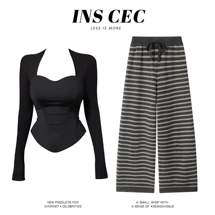 INS CEC韩系辣妹纯欲风方领坎肩长袖上衣宽松阔腿裤子两件套装女