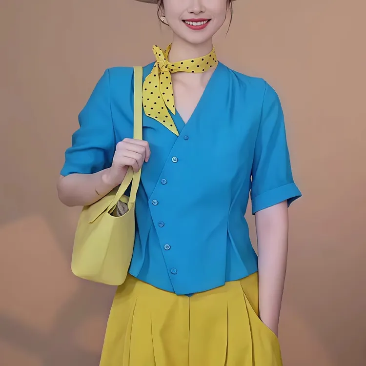 2025夏季新款不规则短袖衬衫女显瘦百搭胖MM大码薄款休闲简约上衣