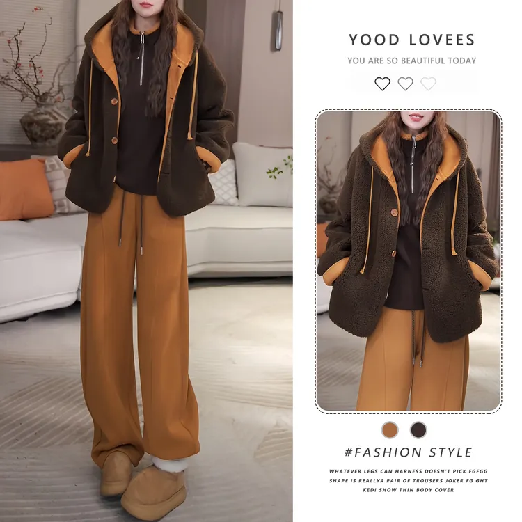 韩版时尚套装女冬季2025新款撞色连帽加厚长袖外套阔腿裤两件套潮