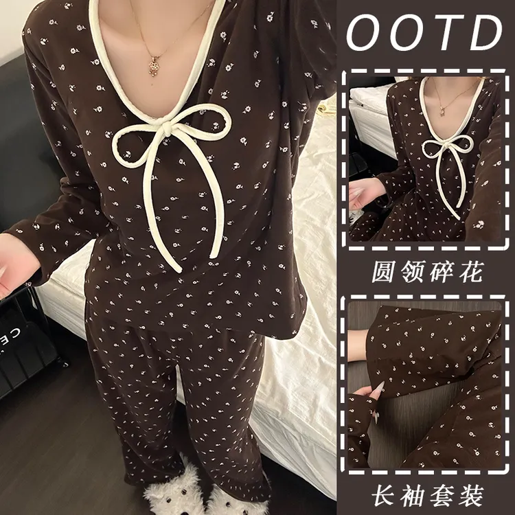 ins风碎花长袖睡衣女春秋季甜美蝴蝶结韩版学生可外穿家居服套装