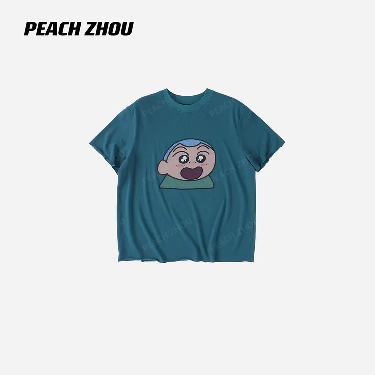 PEACHZHOU 纯棉蜡笔小新正男卡通印花卷边正肩宽松圆领短袖T恤女