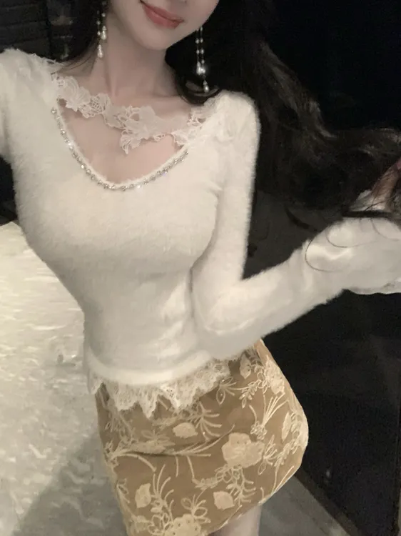 【雅乔定制】纯白呼吸 蕾丝花边毛绒针织打底上衣女DYCC-25118472