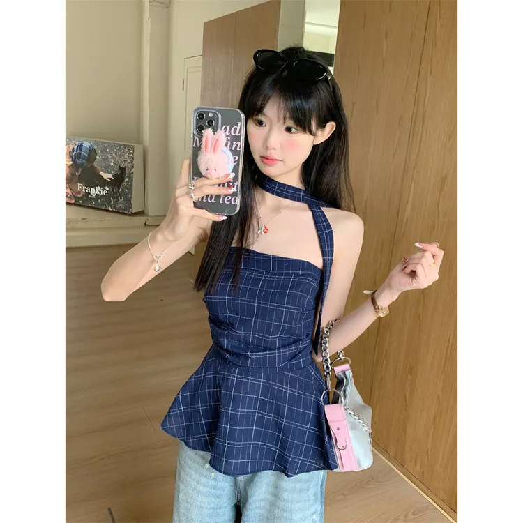 新中式格子抹胸背心夏美式辣妹外穿美背修身显瘦别致小衫女ins