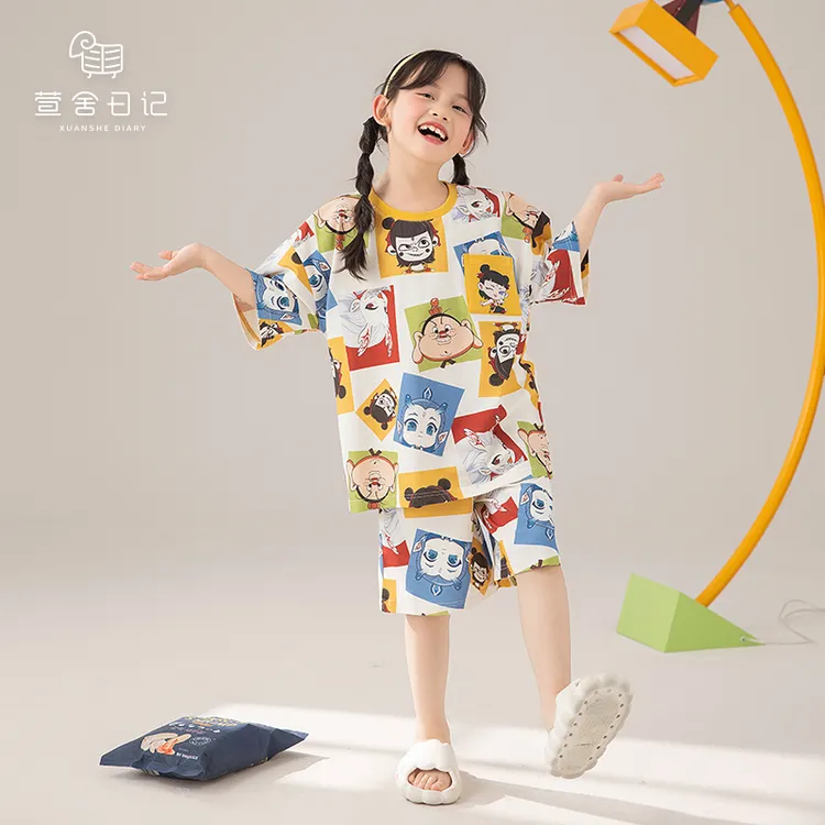 儿童纯棉睡衣女孩夏季舒适透气短袖套装中大童薄款卡通家居服C10