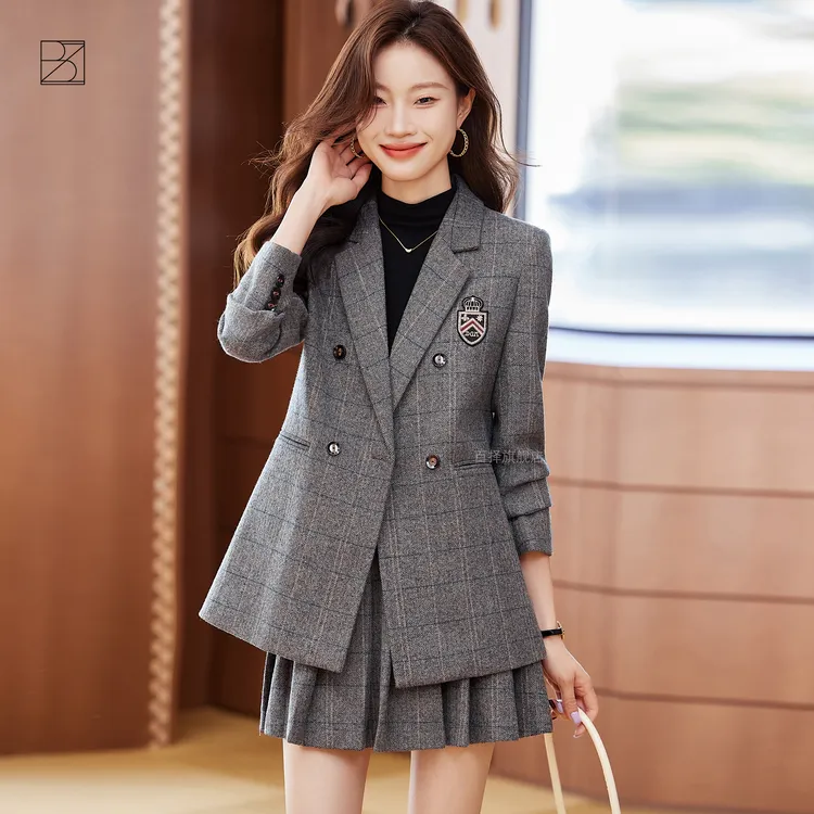 『青春故事』学院风西装套裙女春秋新款韩版时尚减龄休闲百褶裙套装