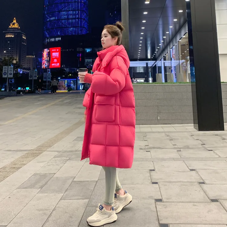 红色羽绒服女中长款过膝2025冬季新款韩版连帽宽松加厚保暖外套潮