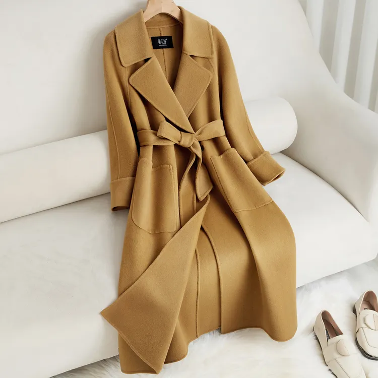 驼色双面羊绒大衣女中长款2025秋冬新款修身显瘦赫本风羊毛呢外套