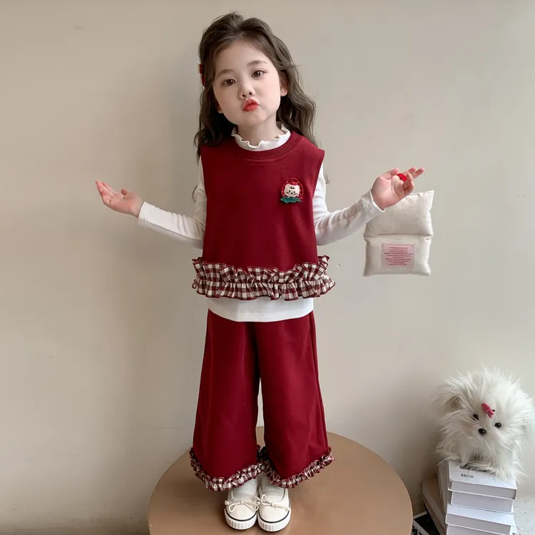 女童花边套装洋气儿童春秋季新款女宝宝背心阔腿裤三件套小女孩潮