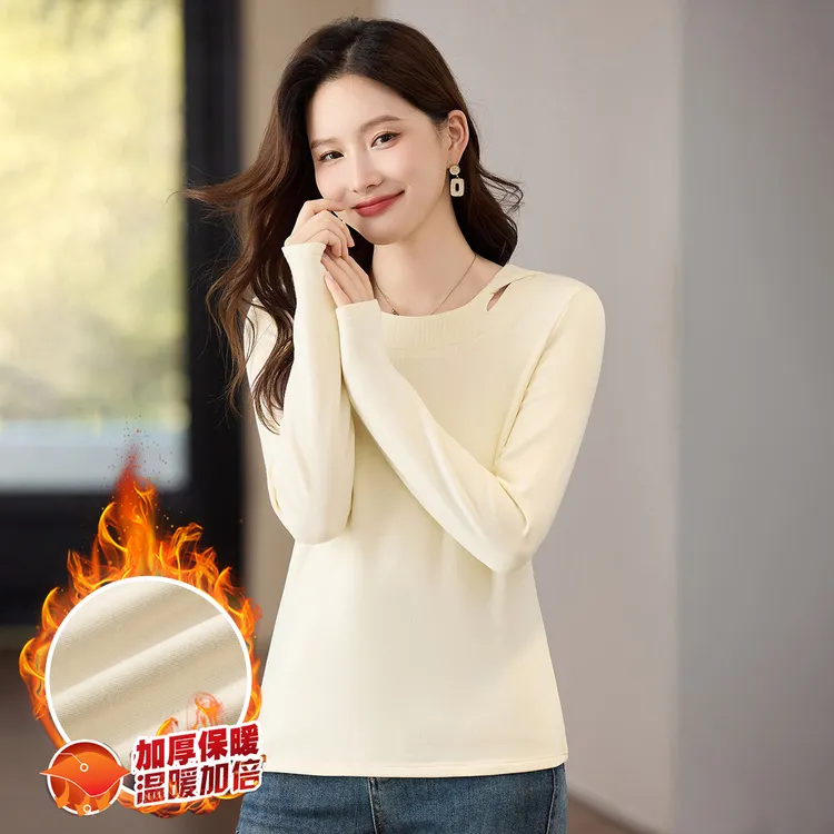 加绒保暖镂空圆领打底衫2025秋冬新款设计感修身显瘦洋气内搭上衣