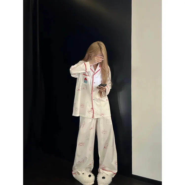 韩版撞色长袖舒适睡衣女款早秋新款宽松休闲长裤家居服套装可外穿