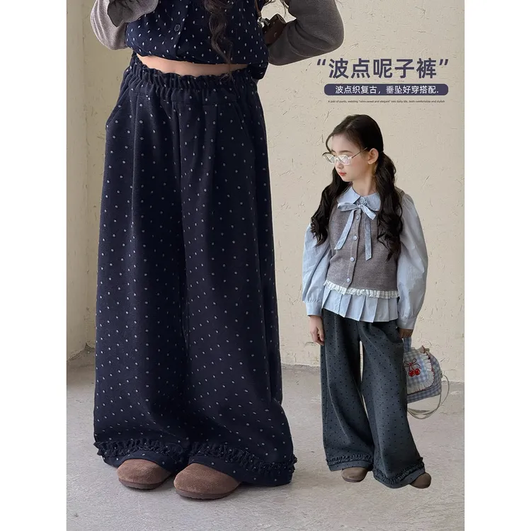 女童裤子2025新款儿童深秋呢子裤中大童波点阔腿裤休闲直筒裤洋气