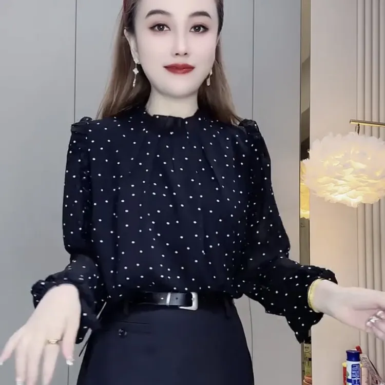 新款韩版时尚气质圆领木耳边点点防晒宽松洋气显瘦纱料衫