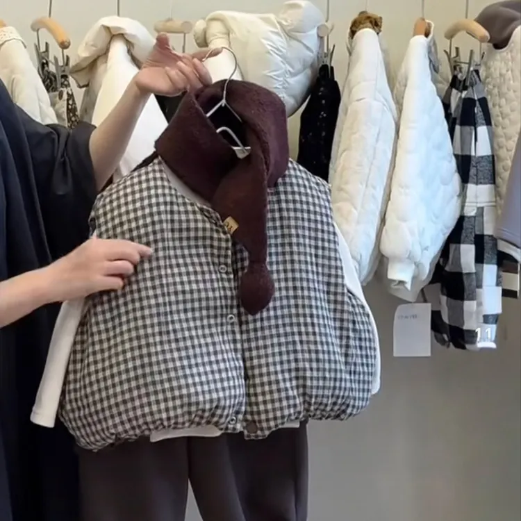 冬季新款儿童双面穿棉马甲男童女童格子坎肩小童宝宝韩版保暖马夹