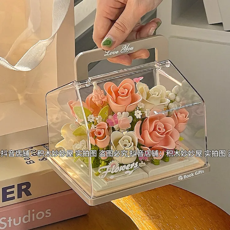 玫瑰花积木永生花束花海小颗粒手工拼装玩具送女孩闺蜜生日礼物