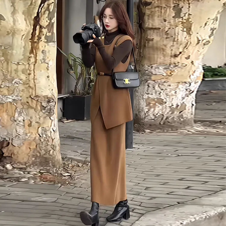 拉夏贝尔高级感法式气质套装2025春秋新款马甲打底衫半身裙三件套