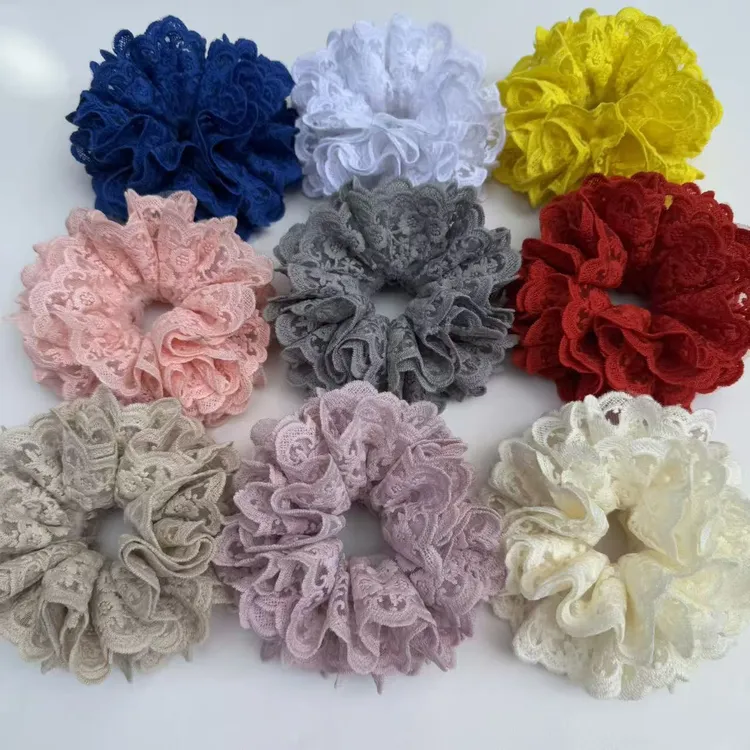 春夏新款甜美蕾丝芭蕾少女法式花边大肠发圈白色千金感百搭气质女