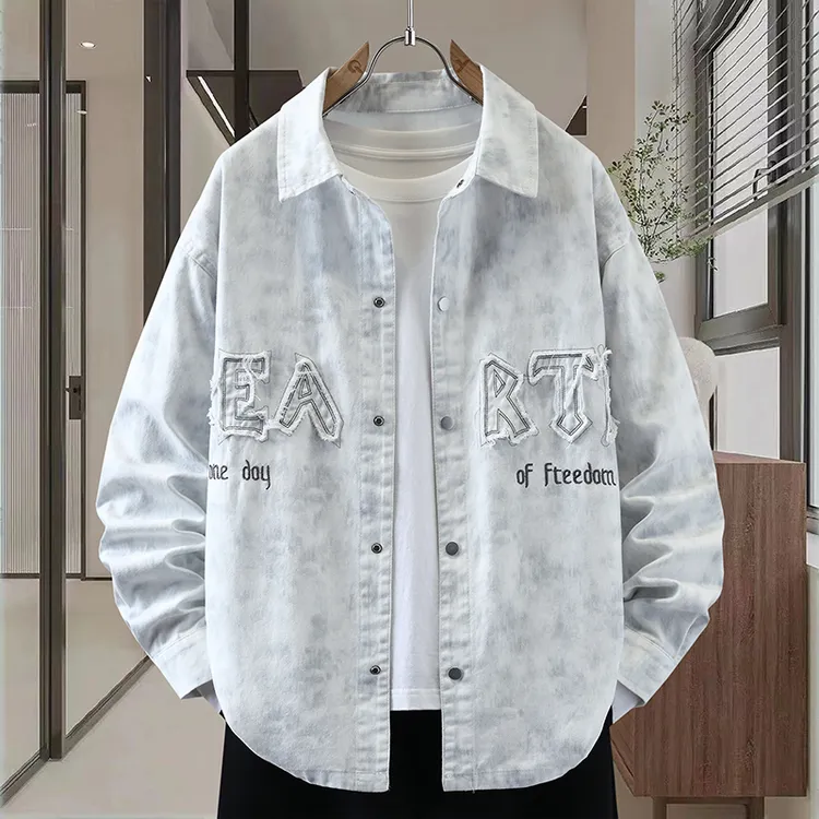 春秋季新款渐变牛仔衬衫夹克男个性字母刺绣贴布绣青少年外套