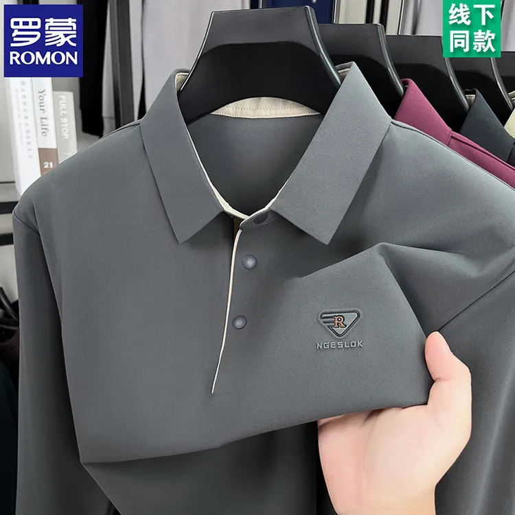 罗蒙秋季新款长袖t恤男士免烫无痕翻领上衣宽松百搭高档polo衫男