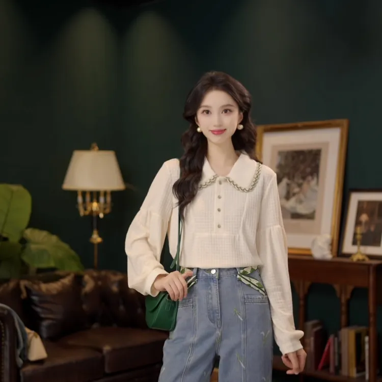 琦琦【轻都之旅】港风复古镂空针织宽松提花长袖上衣YF1103270