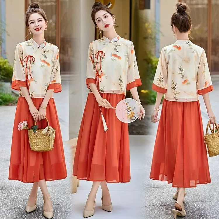 万柿如意2025改良旗袍两件套年轻款少女茶服半身裙套装汉服连衣裙