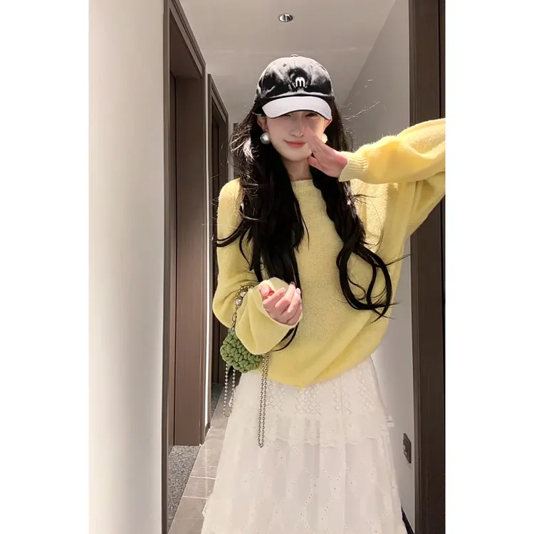 慵懒风软糯针织衫上衣白色高腰长款半身裙蛋糕裙两件套Y3368 B036