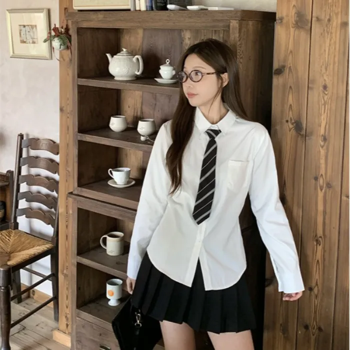 胖mm纯欲风辣妹收腰长袖白衬衫女学院风绑带修身上衣百褶裙两件套